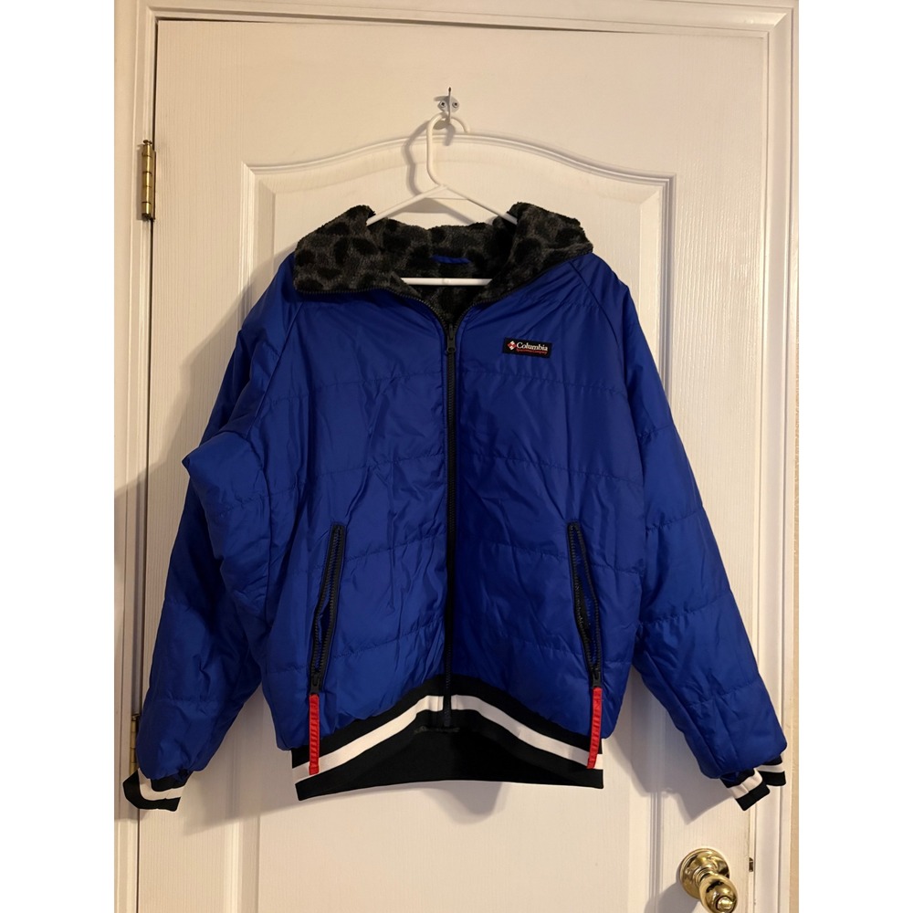 Columbia Puffer Jacket Womens Reversible Medium Blue Excellent Leopard Fleece